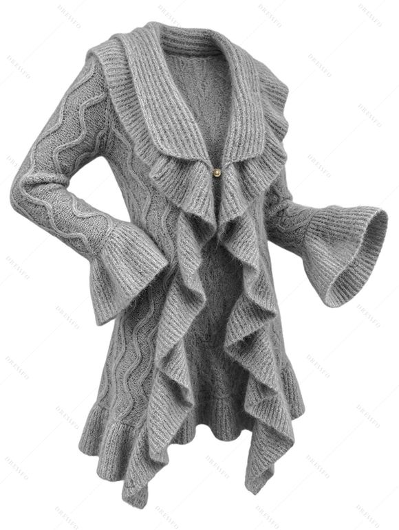 Winter Women Outfit Wavy Asymmetrical Hem Solid Color Mid‑Long Ruffle Bell Sleeve Sweater Coat Topstitching Jeans and Bird Necklace Set - Gris S | US 4