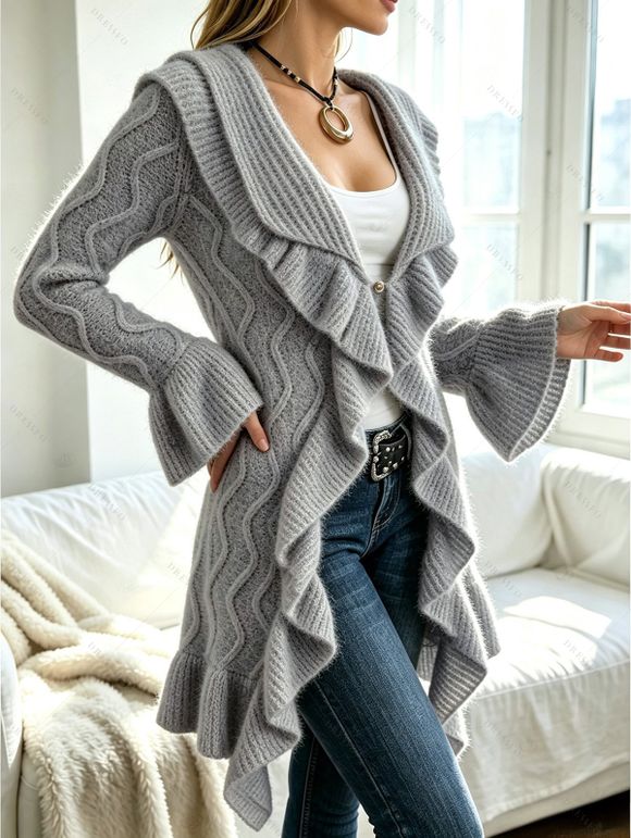 Winter Women Outfit Wavy Asymmetrical Hem Solid Color Mid‑Long Ruffle Bell Sleeve Sweater Coat Topstitching Jeans and Bird Necklace Set - Gris S | US 4