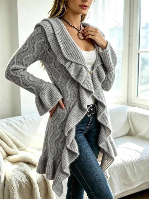 Winter Women Outfit Wavy Asymmetrical Hem Solid Color Mid‑Long Ruffle Bell Sleeve Sweater Coat Topstitching Jeans and Bird Necklace Set - Gris S | US 4