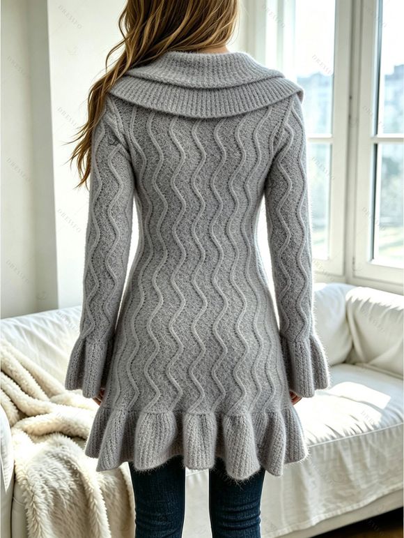 Winter Women Outfit Wavy Asymmetrical Hem Solid Color Mid‑Long Ruffle Bell Sleeve Sweater Coat Topstitching Jeans and Bird Necklace Set - Gris S | US 4