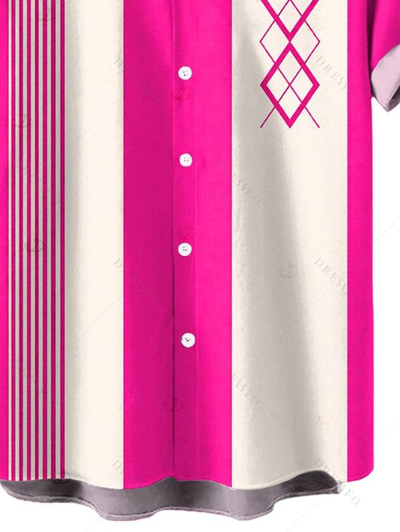 Men's Casual Shirt Colorblock Striped Diamond Geometric Print Button Up Shirt - Rouge Rose 5XL