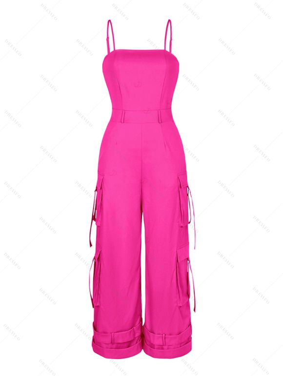 Autumn Couple Outfit Solid Color Multi-pockets Spaghetti Strap Cargo Jumpsuit and Colorblock Striped Geometric Print Shirt Set - Rose Vif S | US 4