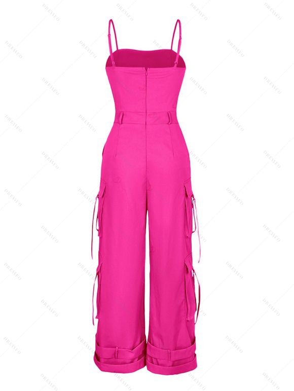 Autumn Couple Outfit Solid Color Multi-pockets Spaghetti Strap Cargo Jumpsuit and Colorblock Striped Geometric Print Shirt Set - Rose Vif S | US 4