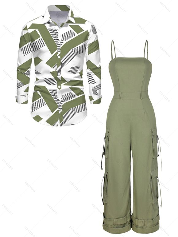 Vintage Couple Outfit Solid Color Multi-pockets Spaghetti Strap Jumpsuit and Geometric Striped Print Shirt Set - Vert clair S | US 4