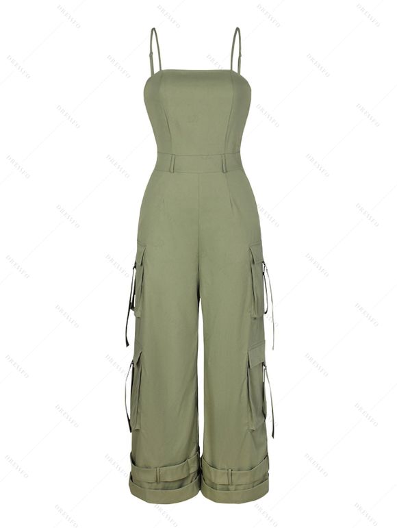 Vintage Couple Outfit Solid Color Multi-pockets Spaghetti Strap Jumpsuit and Geometric Striped Print Shirt Set - Vert clair S | US 4