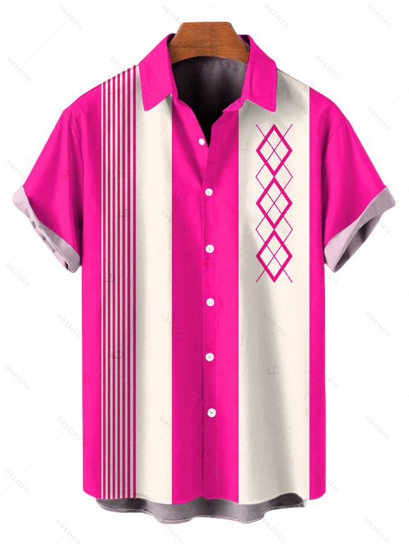 Autumn Couple Outfit Solid Color Multi-pockets Spaghetti Strap Cargo Jumpsuit and Colorblock Striped Geometric Print Shirt Set - Rose Vif S | US 4