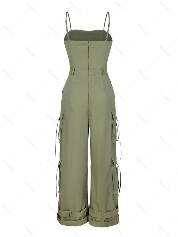 Vintage Couple Outfit Solid Color Multi-pockets Spaghetti Strap Jumpsuit and Geometric Striped Print Shirt Set - Vert clair S | US 4