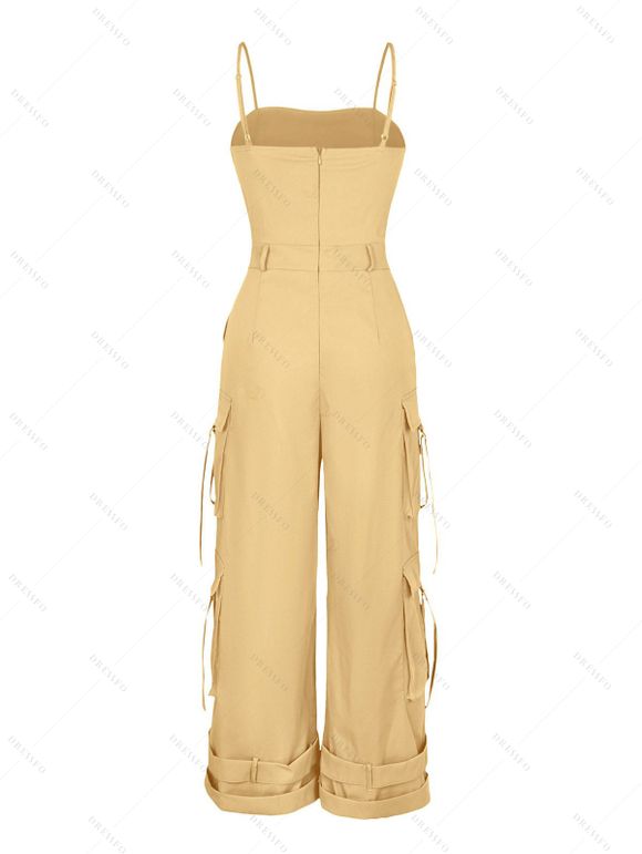 Solid Color Cargo Jumpsuit Multi-pockets Spaghetti Strap Casual Jumpsuit - café lumière S | US 4