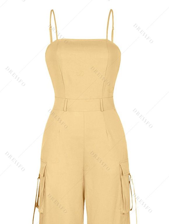 Solid Color Cargo Jumpsuit Multi-pockets Spaghetti Strap Casual Jumpsuit - café lumière S | US 4