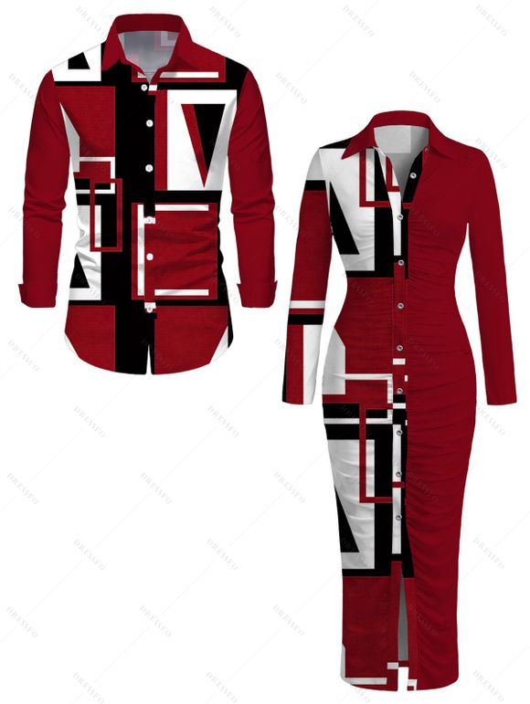 Casual Couple Outfit Colorblock Geometric Print Ruched Turn Down Collar Button Up Bodycon Shirt Dress and Long Sleeve Shirt Set - Rouge Vineux S | US 4