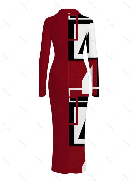 Casual Couple Outfit Colorblock Geometric Print Ruched Turn Down Collar Button Up Bodycon Shirt Dress and Long Sleeve Shirt Set - Rouge Vineux S | US 4
