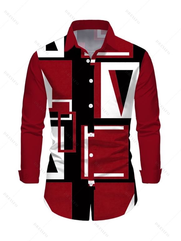 Casual Couple Outfit Colorblock Geometric Print Ruched Turn Down Collar Button Up Bodycon Shirt Dress and Long Sleeve Shirt Set - Rouge Vineux S | US 4