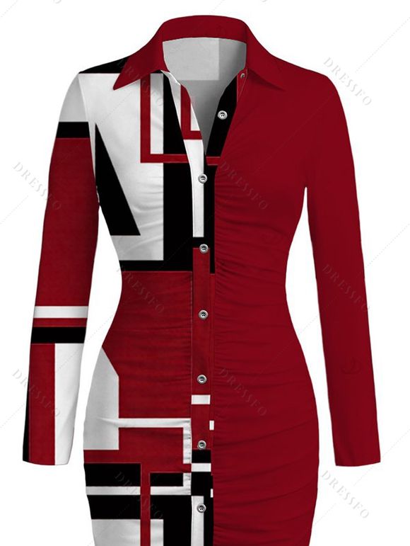 Casual Shirt Dress Colorblock Geometric Print Ruched Turn Down Collar Button Up Bodycon Dress - Rouge Vineux S | US 4
