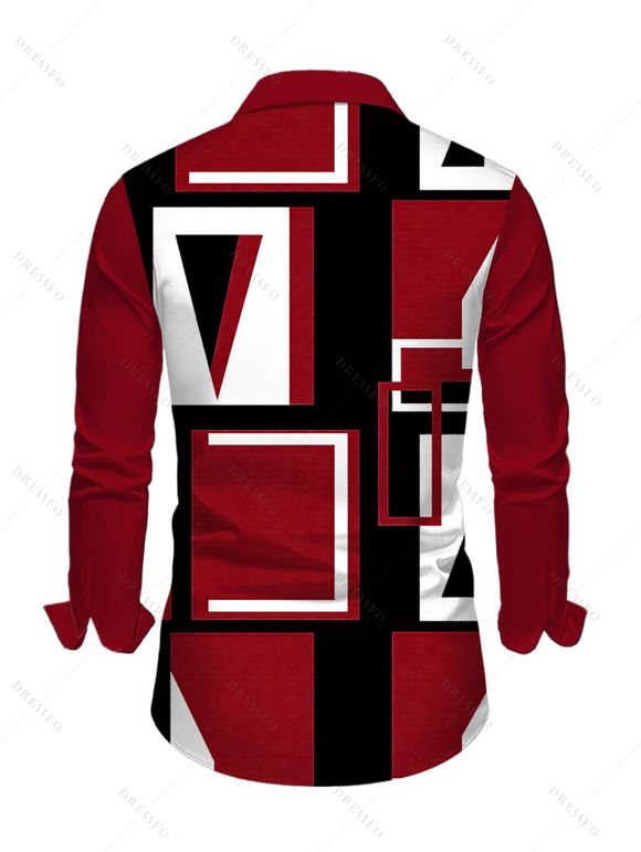 Men's Casual Shirt Colorblock Geometric Print Button Up Long Sleeve Shirt - Rouge Vineux 5XL
