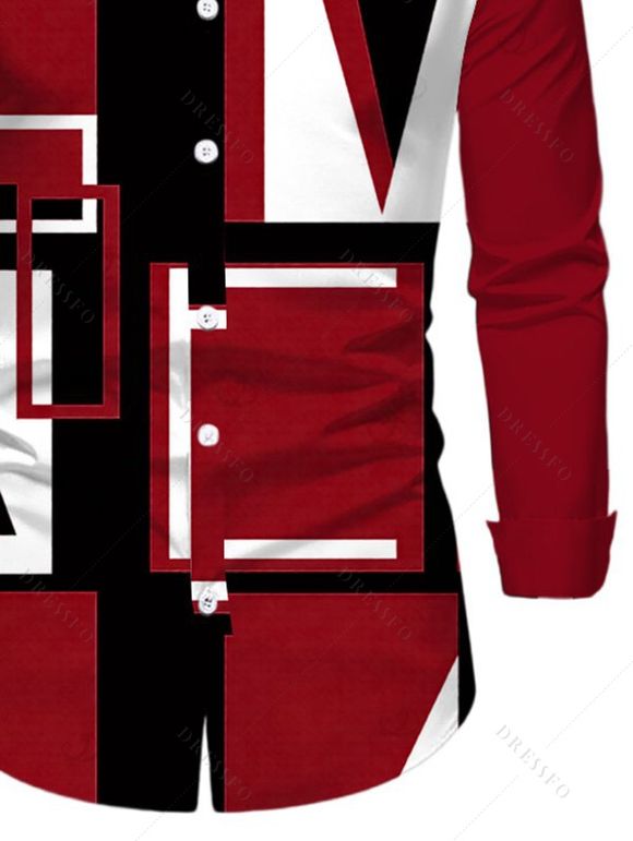 Men's Casual Shirt Colorblock Geometric Print Button Up Long Sleeve Shirt - Rouge Vineux 5XL