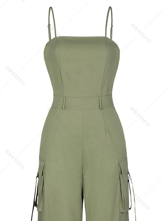 Solid Color Cargo Jumpsuit Multi-pockets Spaghetti Strap Casual Jumpsuit - Vert clair XXL | US 14