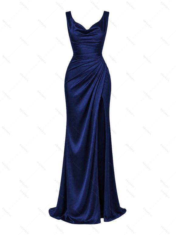 Satin Party Dress Solid Color Ruched High Slit Bodycon Evening Dress - Bleu profond L | US 8-10