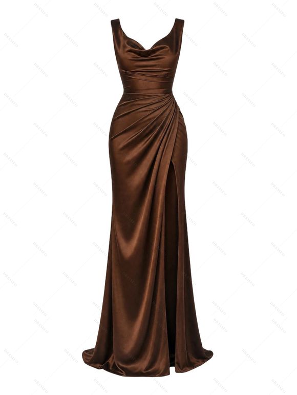 Satin Party Dress Solid Color Ruched High Slit Bodycon Evening Dress - marron foncé S | US 4