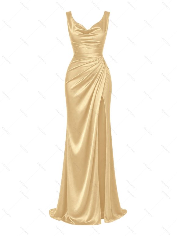 Satin Party Dress Solid Color Ruched High Slit Bodycon Evening Dress - Champagne XXL | US 14