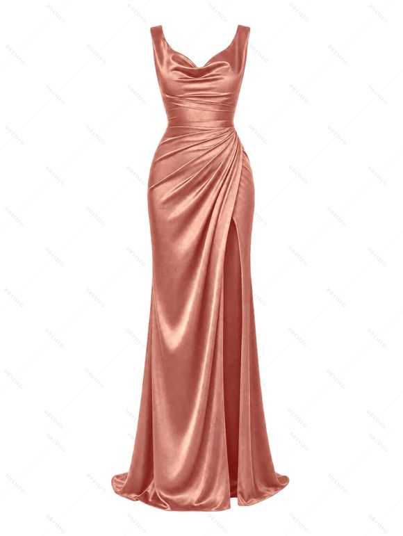 Satin Party Dress Solid Color Ruched High Slit Bodycon Evening Dress - Rose M | US 6