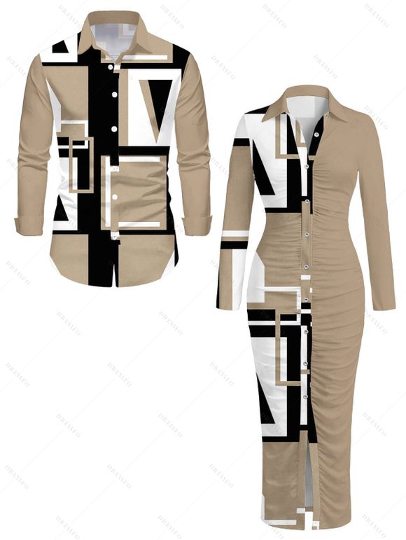Casual Couple Outfit Colorblock Geometric Print Ruched Turn Down Collar Button Up Bodycon Shirt Dress and Long Sleeve Shirt Set - café lumière S | US 4