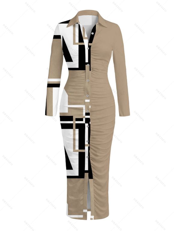 Casual Couple Outfit Colorblock Geometric Print Ruched Turn Down Collar Button Up Bodycon Shirt Dress and Long Sleeve Shirt Set - café lumière S | US 4