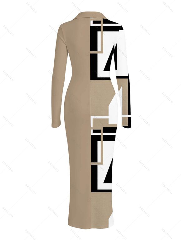 Casual Couple Outfit Colorblock Geometric Print Ruched Turn Down Collar Button Up Bodycon Shirt Dress and Long Sleeve Shirt Set - café lumière S | US 4