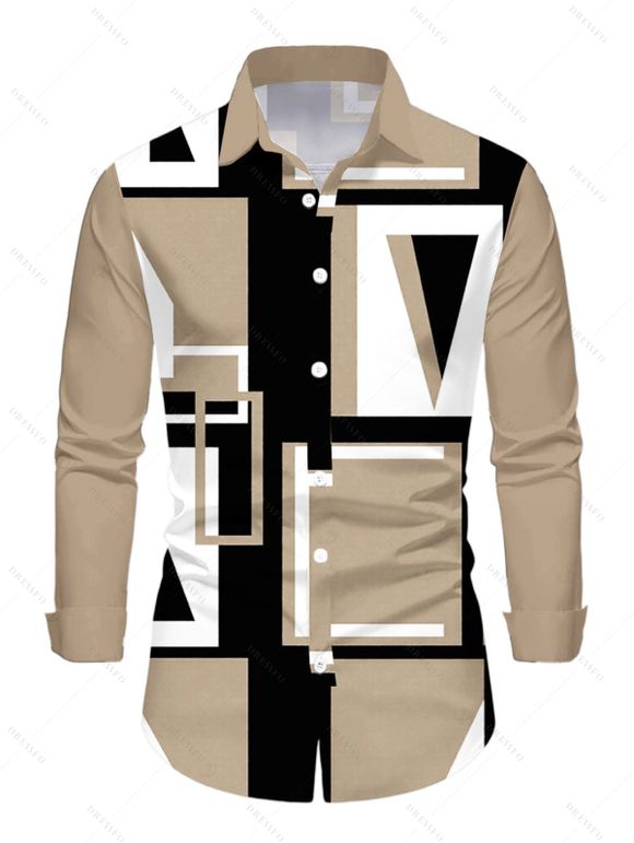Casual Couple Outfit Colorblock Geometric Print Ruched Turn Down Collar Button Up Bodycon Shirt Dress and Long Sleeve Shirt Set - café lumière S | US 4