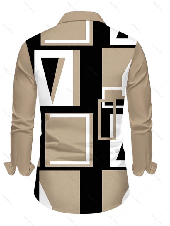 Casual Couple Outfit Colorblock Geometric Print Ruched Turn Down Collar Button Up Bodycon Shirt Dress and Long Sleeve Shirt Set - café lumière S | US 4