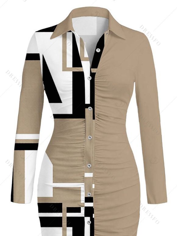 Casual Shirt Dress Colorblock Geometric Print Ruched Turn Down Collar Button Up Bodycon Dress - café lumière S | US 4