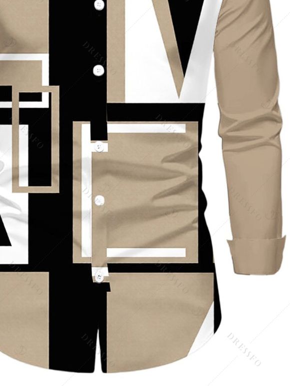 Men's Casual Shirt Colorblock Geometric Print Button Up Long Sleeve Shirt - café lumière XL