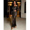 Elegant Dress See Thru Rose Floral Lace Panel Scalloped Off the Shoulder Long Sleeve Bodycon Dress - Noir S | US 4