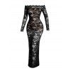 Elegant Dress See Thru Rose Floral Lace Panel Scalloped Off the Shoulder Long Sleeve Bodycon Dress - Noir S | US 4
