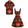 Vintage Couple Outfit Colorblock Butterfly Wing Print Ruched Bust Mini Dress and Shirt Set - Orange vif S | US 4