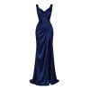 Satin Party Dress Solid Color Ruched High Slit Bodycon Evening Dress - Bleu profond L | US 8-10
