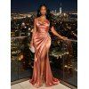 Satin Party Dress Solid Color Ruched High Slit Bodycon Evening Dress - Rose M | US 6