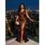 Satin Party Dress Solid Color Ruched High Slit Bodycon Evening Dress - marron foncé S | US 4