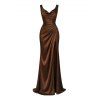 Satin Party Dress Solid Color Ruched High Slit Bodycon Evening Dress - marron foncé S | US 4