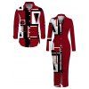Casual Couple Outfit Colorblock Geometric Print Ruched Turn Down Collar Button Up Bodycon Shirt Dress and Long Sleeve Shirt Set - Rouge Vineux S | US 4