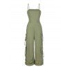Vintage Couple Outfit Solid Color Multi-pockets Spaghetti Strap Jumpsuit and Geometric Striped Print Shirt Set - Vert clair S | US 4