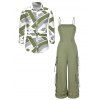Vintage Couple Outfit Solid Color Multi-pockets Spaghetti Strap Jumpsuit and Geometric Striped Print Shirt Set - Vert clair S | US 4