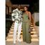 Vintage Couple Outfit Solid Color Multi-pockets Spaghetti Strap Jumpsuit and Geometric Striped Print Shirt Set - Vert clair S | US 4