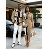 Casual Couple Outfit Colorblock Geometric Print Ruched Turn Down Collar Button Up Bodycon Shirt Dress and Long Sleeve Shirt Set - café lumière S | US 4
