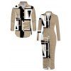 Casual Couple Outfit Colorblock Geometric Print Ruched Turn Down Collar Button Up Bodycon Shirt Dress and Long Sleeve Shirt Set - café lumière S | US 4