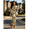 Vintage Couple Outfit Colorblock Wave Print Foldover Off the Shoulder Ruched Bodycon Dress and Long Sleeve Shirt Set - Vert Armée S | US 4