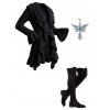 Winter Women Outfit Wavy Asymmetrical Hem Solid Color Mid‑Long Ruffle Bell Sleeve Sweater Coat and Wings Necklace Lace Up Over The Knee Boots Set - Noir S | US 4