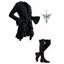 Winter Women Outfit Wavy Asymmetrical Hem Solid Color Mid‑Long Ruffle Bell Sleeve Sweater Coat and Wings Necklace Lace Up Over The Knee Boots Set - Noir S | US 4