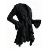 Winter Women Outfit Wavy Asymmetrical Hem Solid Color Mid‑Long Ruffle Bell Sleeve Sweater Coat and Wings Necklace Lace Up Over The Knee Boots Set - Noir S | US 4