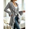 Winter Women Outfit Wavy Asymmetrical Hem Solid Color Mid‑Long Ruffle Bell Sleeve Sweater Coat Topstitching Jeans and Bird Necklace Set - Gris S | US 4