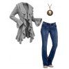 Winter Women Outfit Wavy Asymmetrical Hem Solid Color Mid‑Long Ruffle Bell Sleeve Sweater Coat Topstitching Jeans and Bird Necklace Set - Gris S | US 4